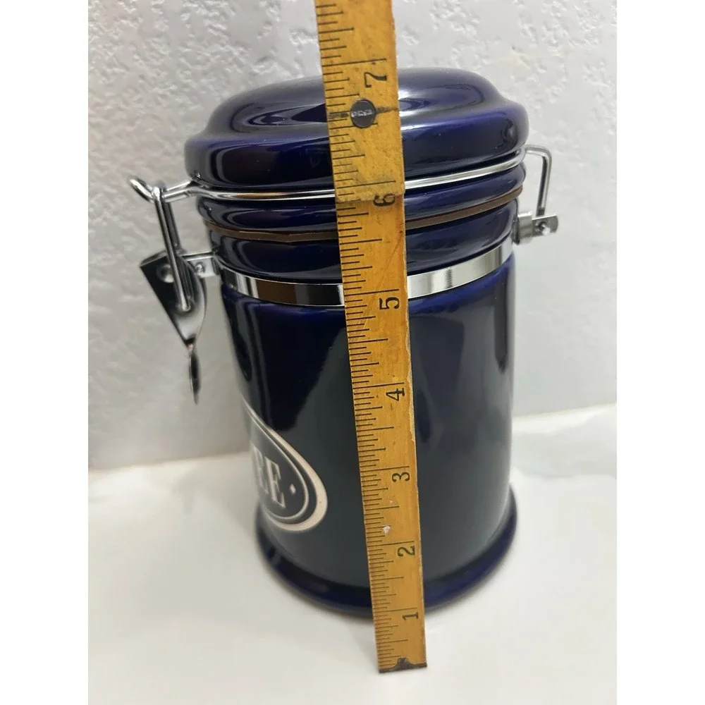 Vintage Cobalt Blue Coffee  Ceramic Canister Stainless Lock Airtight 6.75